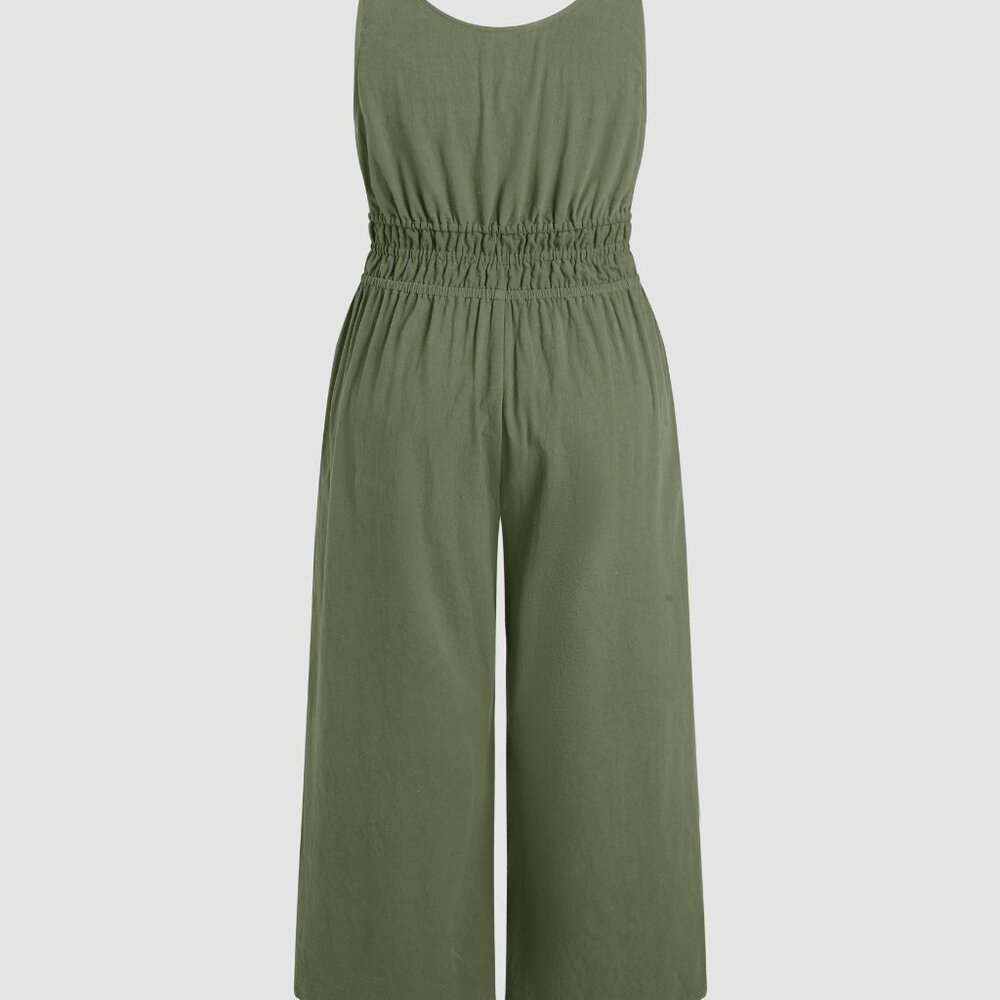 Square Neck Lace Up Ruched Jumpsuit Curve & Plus 0XL Olive Green - Picture 3 of 7